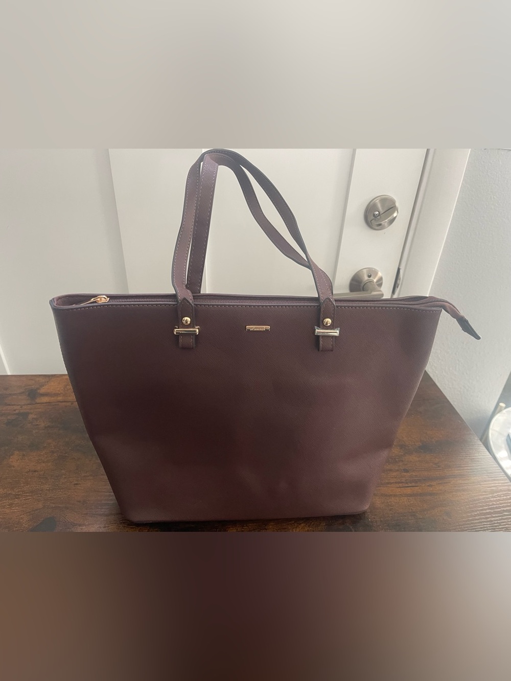 Structured Shoulder Tote in Maroon with Gold Hardware